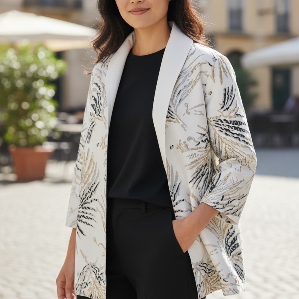 NWT Grace Chuang New York XL Metallic Palm Leaf Jacquard Open Front Jacket